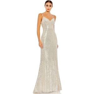 Mac Duggal Silver Sequin Maxi Dress